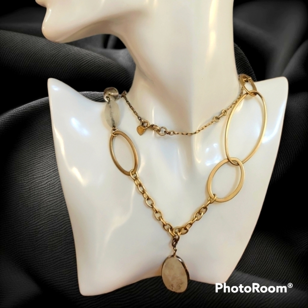 VTG Brasstone Oval Link Faux Quartz Beaded Removable Pendant Necklace